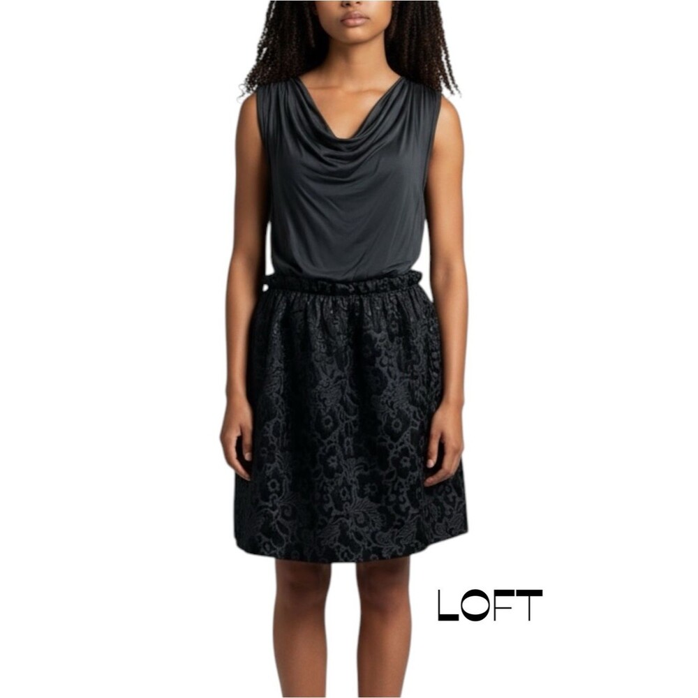 LOFT Gray Black Metallic Floral Draped Dress NWOT Size 10